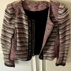 Rebecca Minkoff pink, black and white tweed jacket with silver studs - size 6